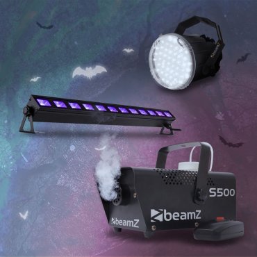 BeamZ Complete Halloween Effect Set s výrobníkem mlhy, LED stroboskopem a LED UV barem