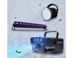 BeamZ Complete Halloween Effect Set s výrobníkem mlhy s modrým LED podsvícením, LED stroboskopem a LED UV barem