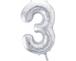 PartyDeco Foliový balón číslo 3, 86cm stříbrný