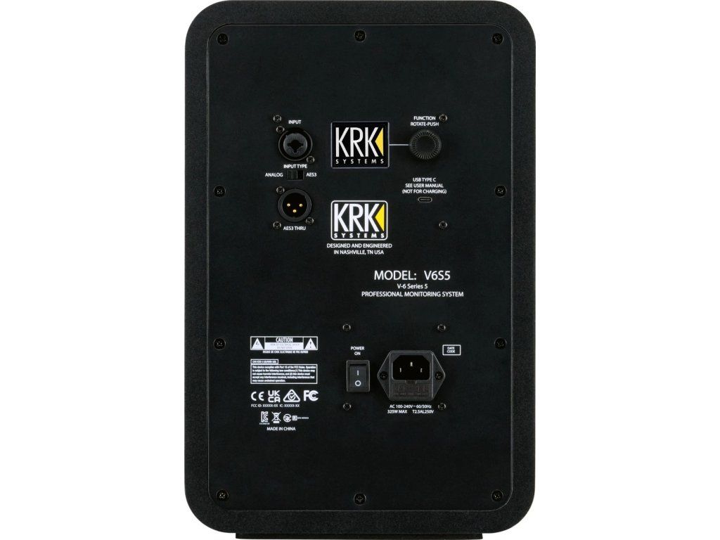 Zadní panel monitoru KRK V6S5 s ovládacími prvky a konektory